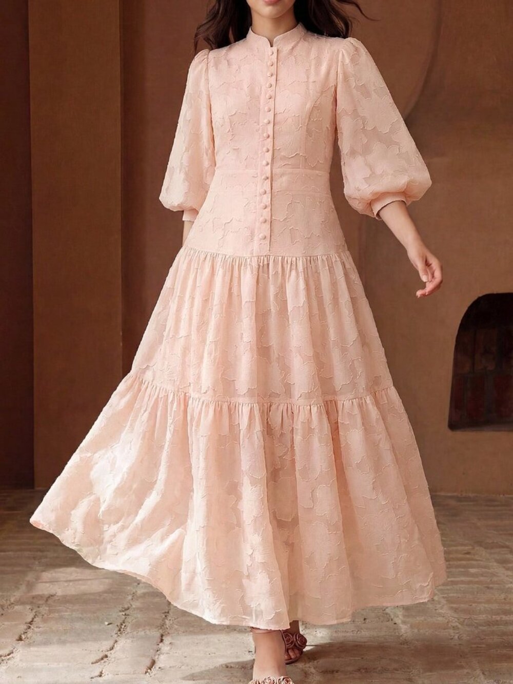 Pink Elegant Women's V-Neck Lantern Sleeve Textured Ditsy Floral Dress - Picture 7 of 7